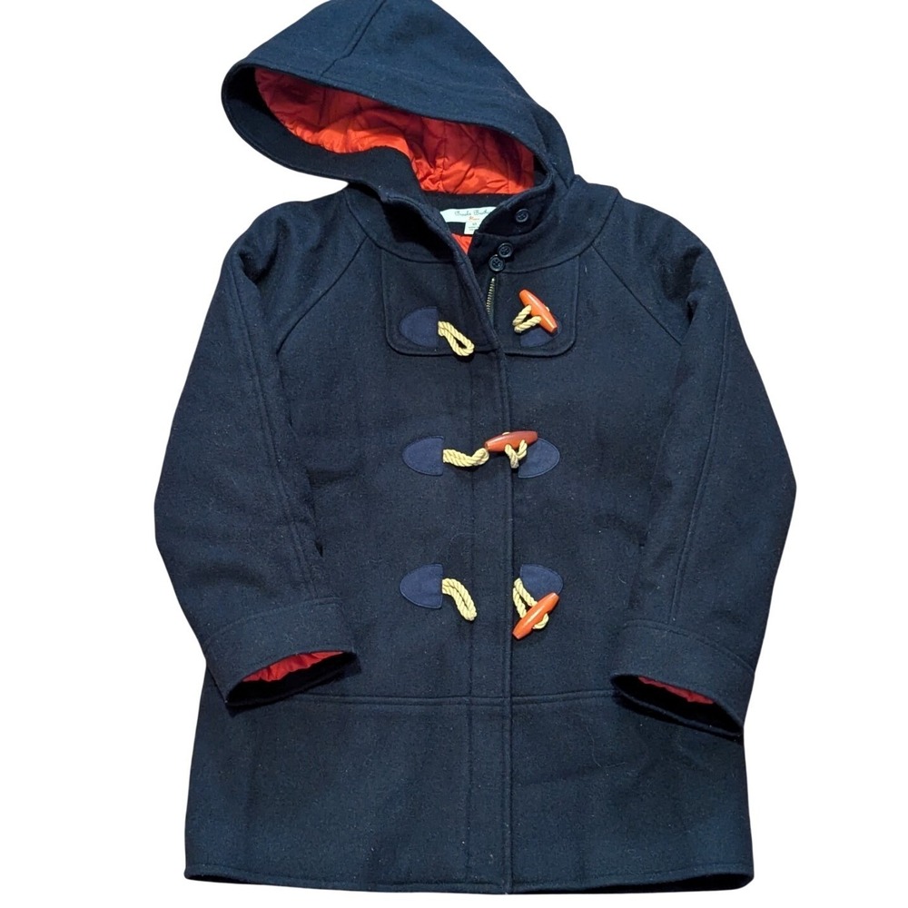 Brooks Brothers Fleece Wool Toggle Coat Zip Navy Blue Red Lined‎ Hooded Boys 10